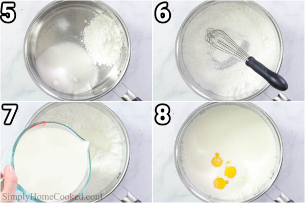 Steps to make Chocolate Cram Pie: make the custard by adding cornstarch, cocoa powder, and sugar to a pan, whisking, then adding in milk and egg yolks.