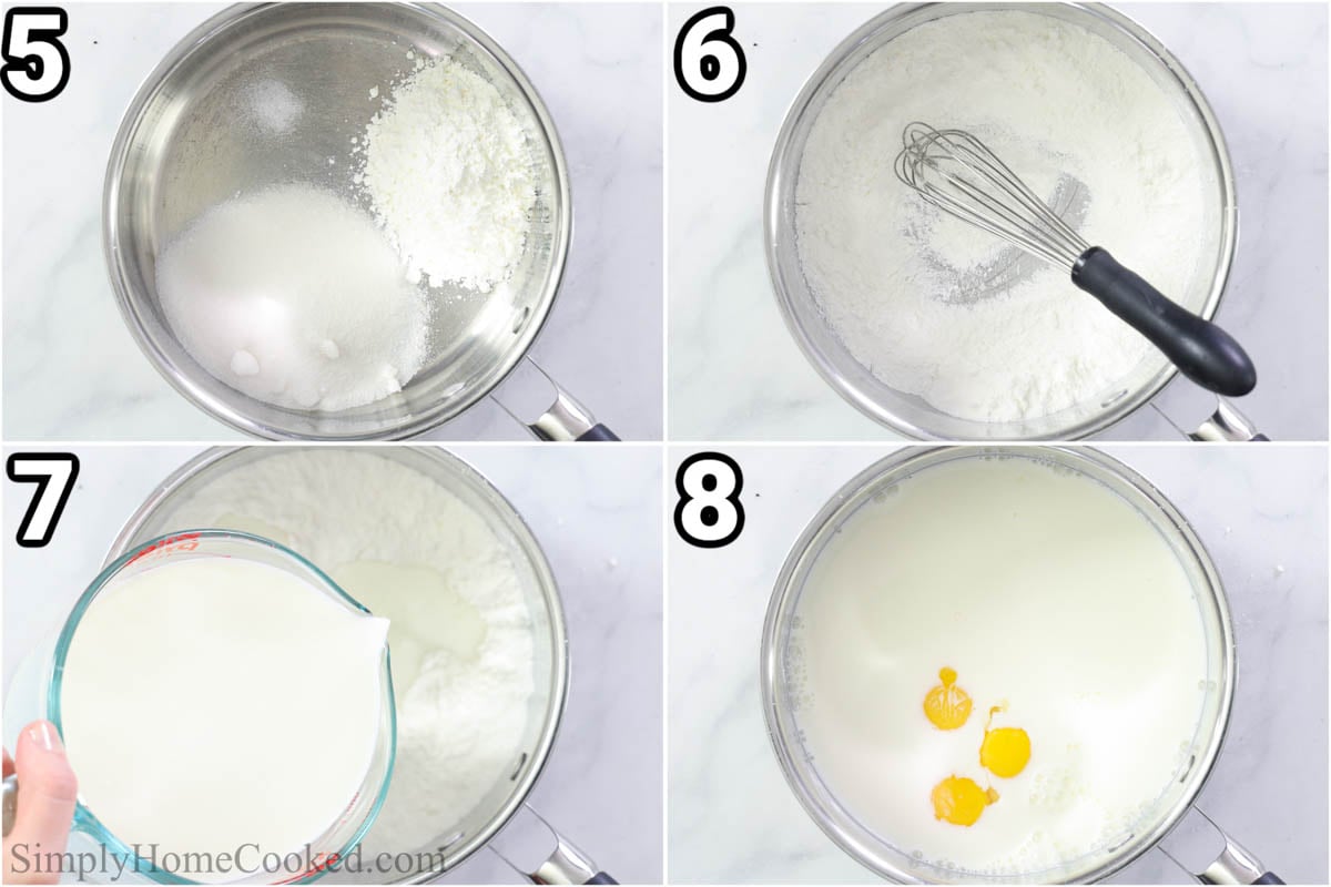 Steps to make Chocolate Cram Pie: make the custard by adding cornstarch, cocoa powder, and sugar to a pan, whisking, then adding in milk and egg yolks.