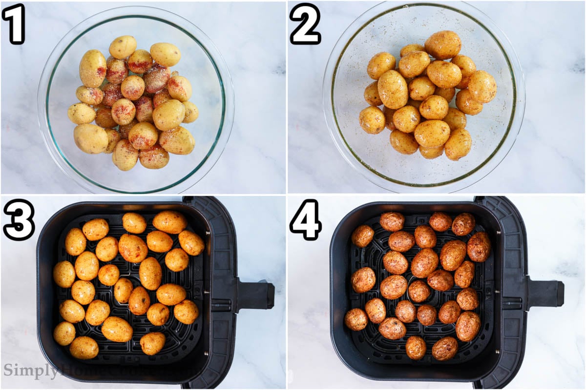 Steps to make Crispy Air Fryer Baby Potatoes: season them with oil and spices, then mix and air fry.