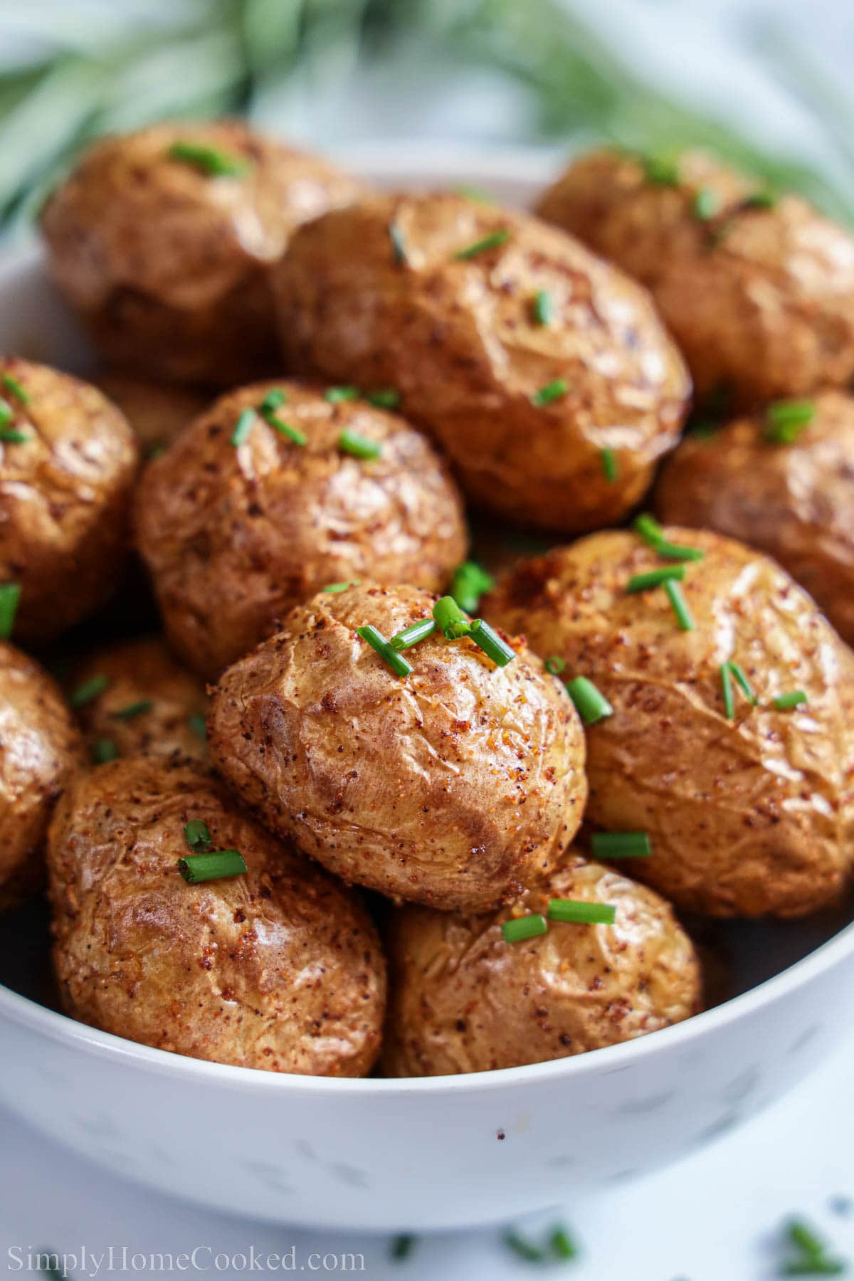 These Crispy Air Fryer Potatoes have the perfect flavor and texture. Crispy skin & soft inside, this dish is going to be a hit at your table. #airfrerbabypotatoes #airfryerpotatoes #crispybabypotatoes #crispypotatoes Crispy Air Fryer Baby Potatoes in a bowl.