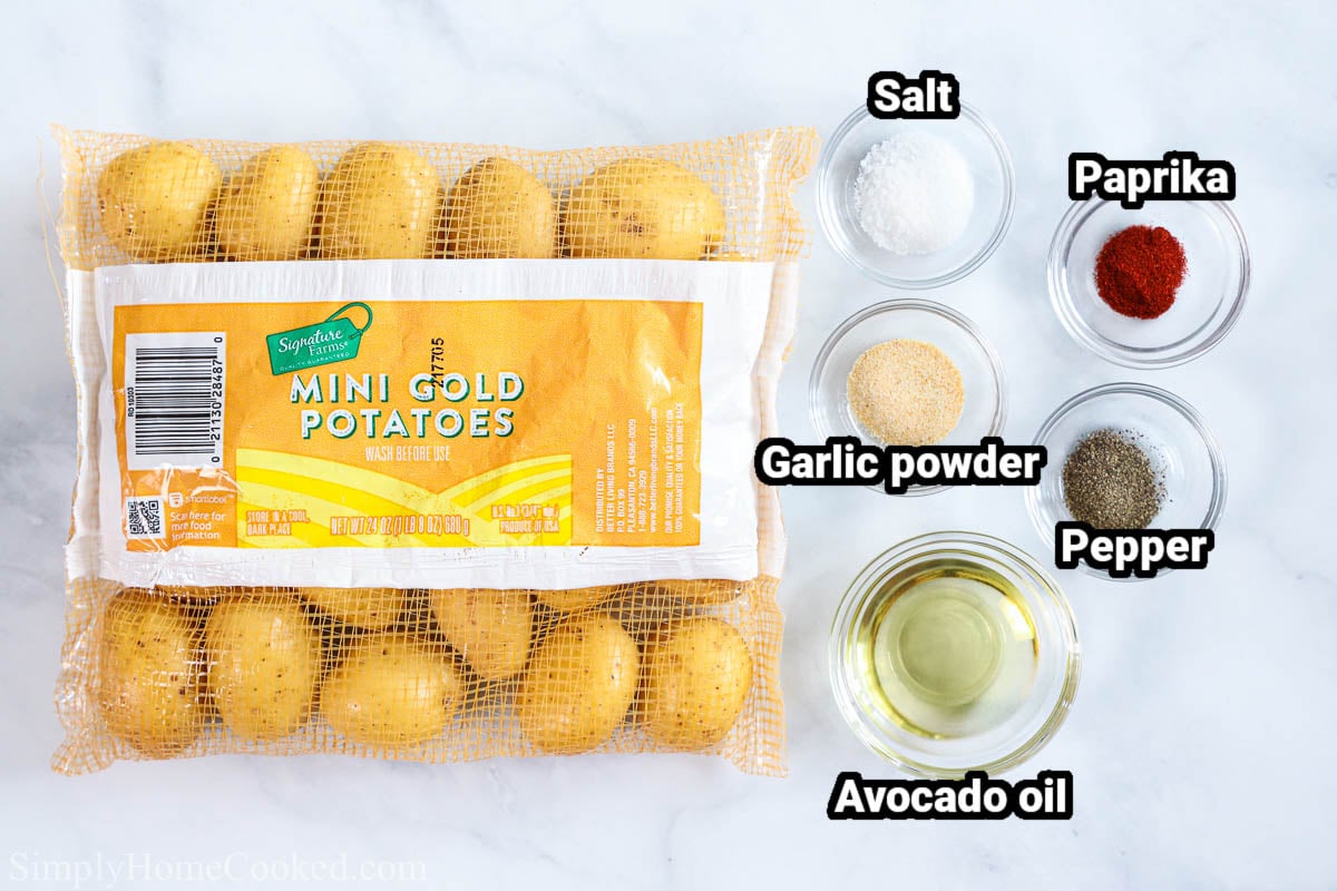 Ingredients for Crispy Air Fryer Baby Potatoes: potatoes, salt, paprika, garlic powder, black pepper, and oil.