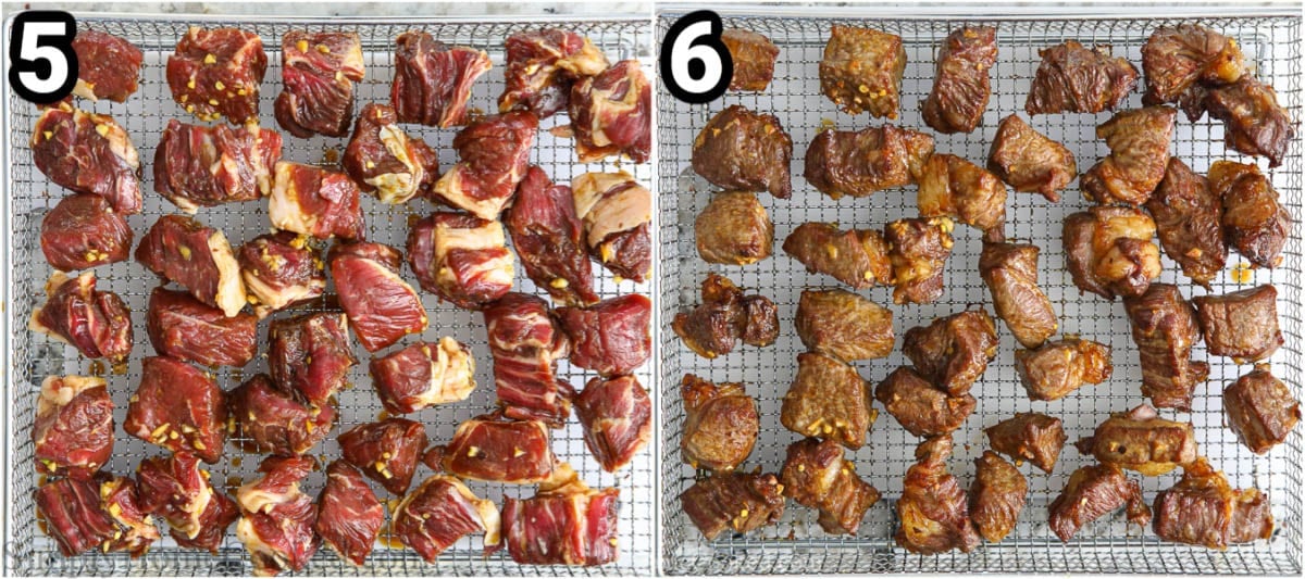 Steps to make Air Fryer Steak Tips: cook the steak tips in an air fryer basket.