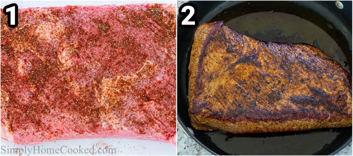 Steps to make Beef Brisket Sandwich: rub the brisket with salt, pepper, and chili powder, then brown it in a slow cooker.