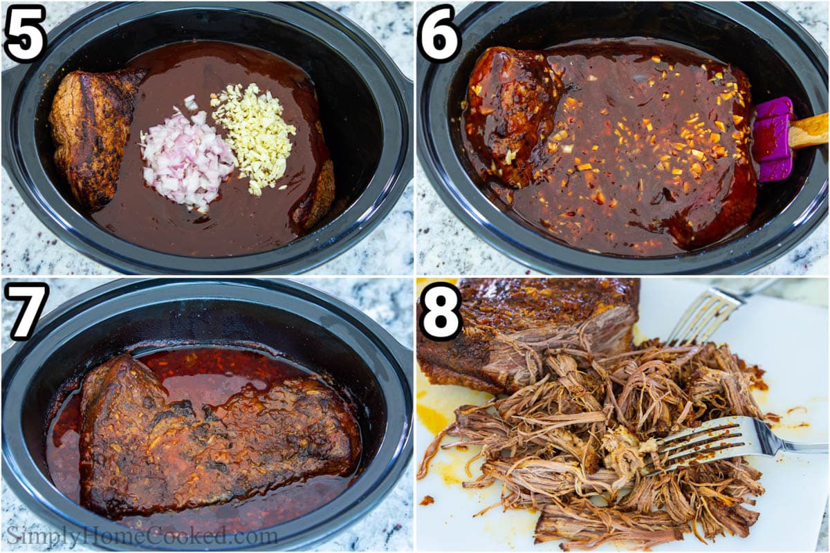 Steps to make Beef Brisket Sandwich:  stir the sauce in with the shallots and garlic, then cook the beef brisket slowly, then shred it with forks.