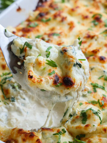 Chicken Stuffed Shells covered in melted mozzarella cheese being scooped out of the pan.