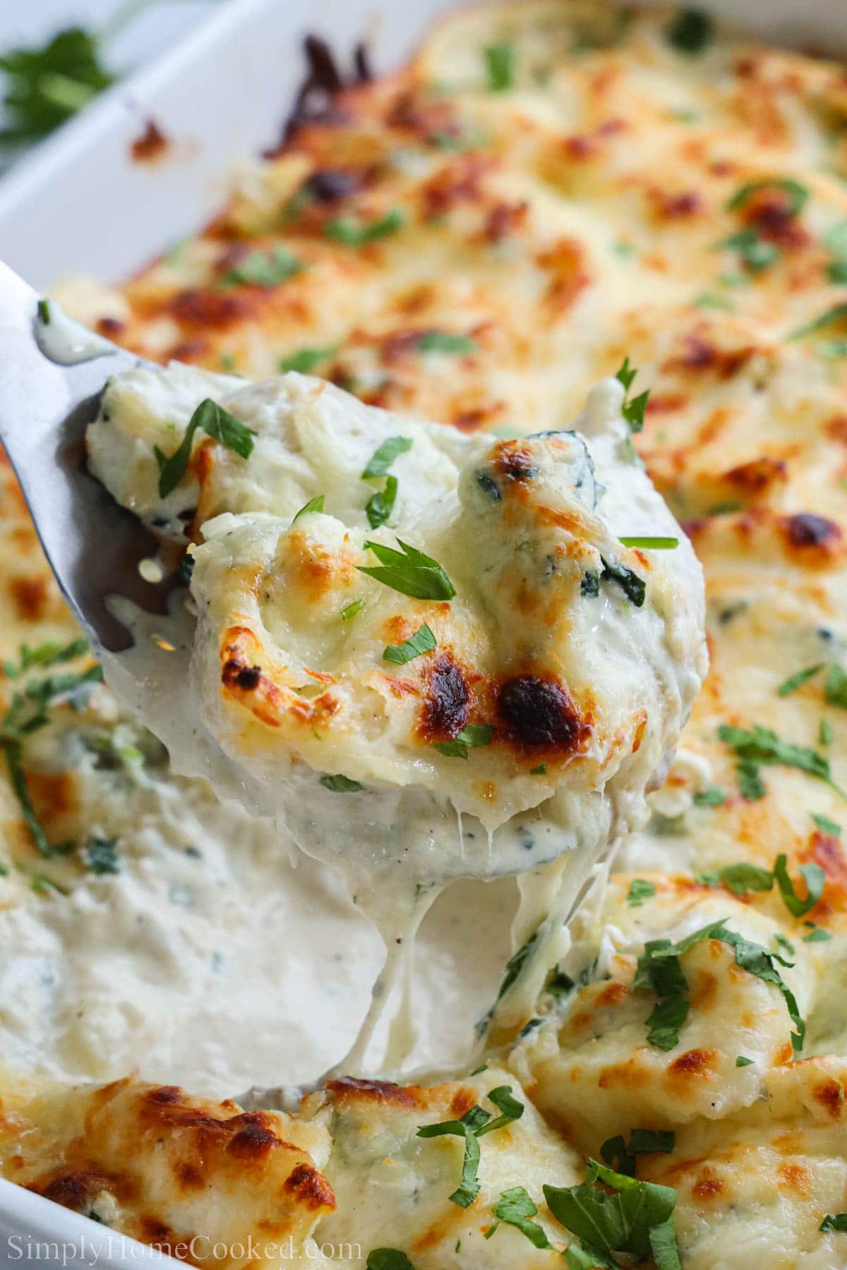 Chicken Stuffed Shells covered in melted mozzarella cheese being scooped out of the pan.