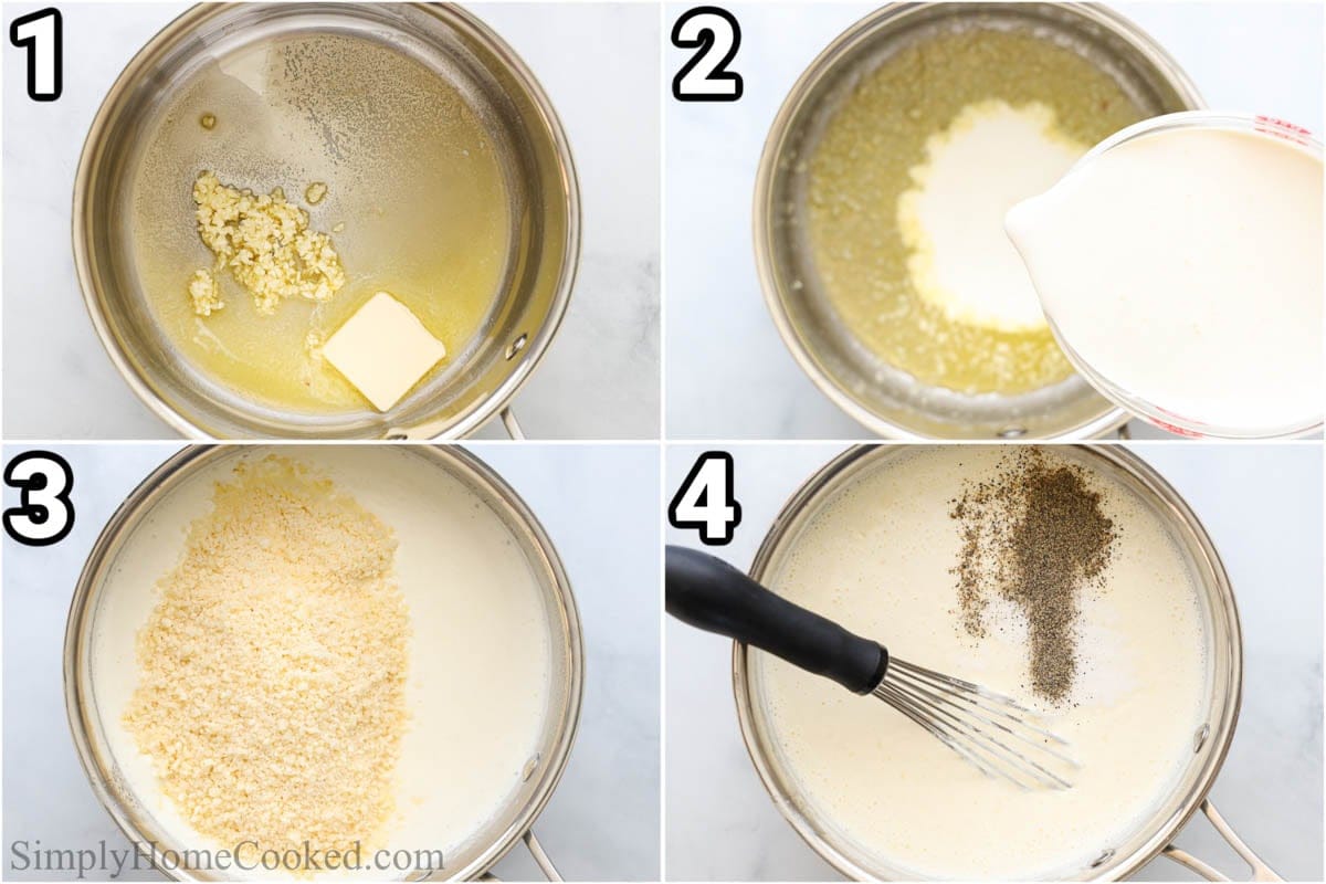 Steps to make Chicken Stuffed Shells: making the sauce by combining garlic and butter and simmering with heavy cream before adding Parmesan cheese, salt, and pepper.