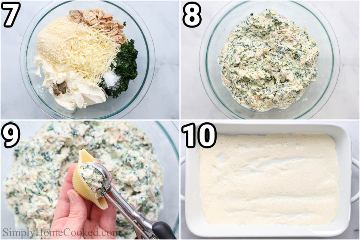 Steps to make Chicken Stuffed Shells: making the filling by combining the mozzarella cheese, ricotta cheese, spinach, chicken, and Parmesan cheese in a bowl before using a cookie scoop to fill each shell and spreading white sauce on the base of the baking dish.