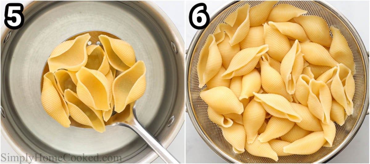 Steps to make Chicken Stuffed Shells: cooking the jumbo shells in a large pot of salted boiling water until as dente, then draining. 
