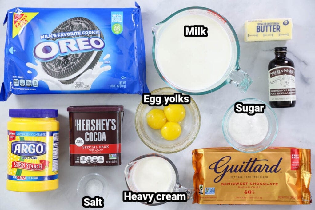 Ingredients for Chocolate Cram Pie: Oreos, cornstarch, milk, egg yolks, cocoa powder, heavy cream, salt, sugar, butter, vanilla, and chocolate chips.