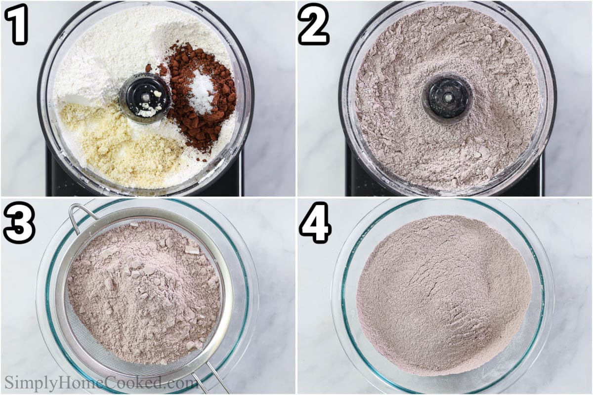Steps to make Chocolate Macarons: combine the cocoa powder, powdered sugar, almond flour, and salt, and then sift it in a fine mesh sieve.