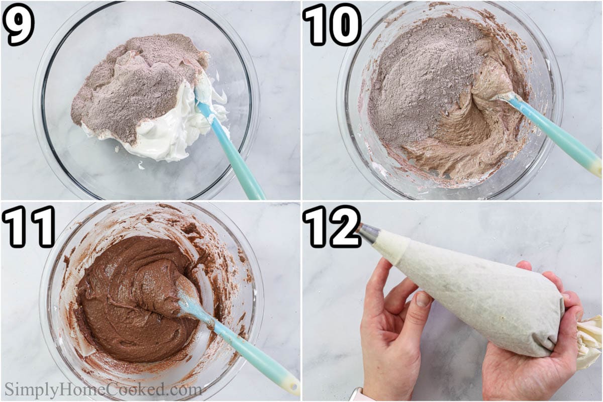 Steps to make Chocolate Macarons: combine the dry ingredients with the meringue in parts, then add it to a piping bag. 