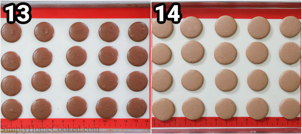 Steps to make Chocolate Macarons: pipe the macaron batter onto a silicone mat lined baking sheet to rest, then bake. 