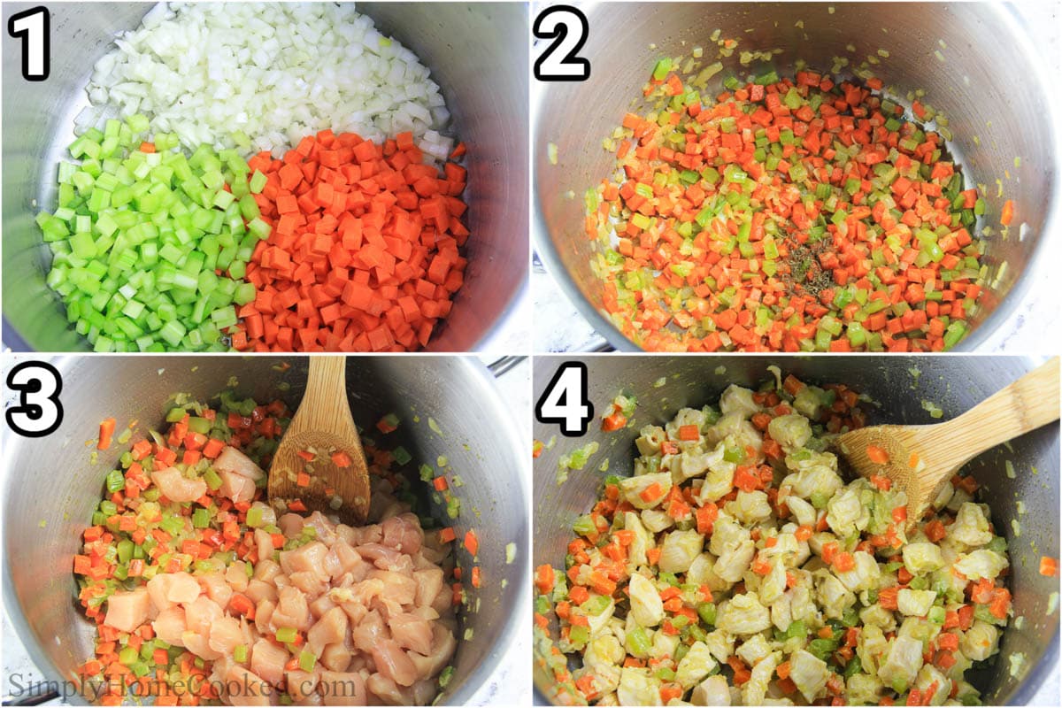 This Lemon chicken orzo soup recipe is so brothy, comforting, and bursting with lemony flavor. The tiny bits of chicken and orzo are so tender and delicious #lemonchicken #chickenorzosoup #orzosoup #lemonchickensoup #chickennoodlesoup #healthysoup Steps to make Lemon Chicken Orzo Soup: saute the onion, carrot, and celery in a pot, then add the chicken, stirring with a wooden spoon as it cooks.