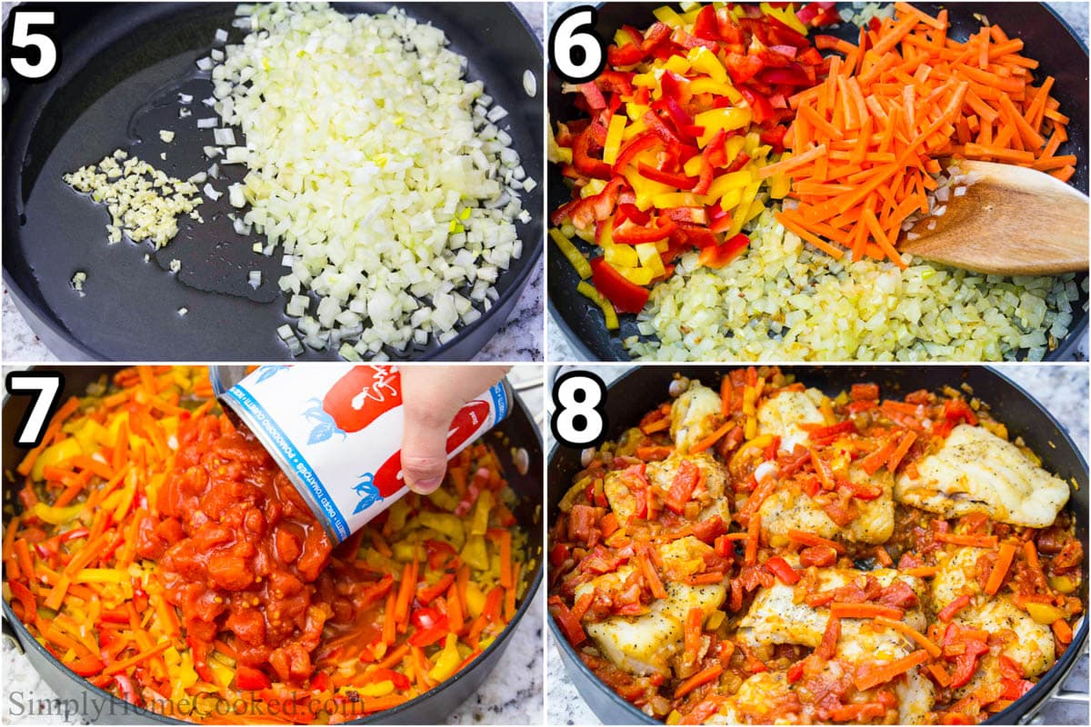 Steps to make Pan Fried Cod with Sauteed Vegetables: saute the onion and garlic in oil in a skillet, then add the carrots and peppers, and then the diced tomatoes before cooking everything together.