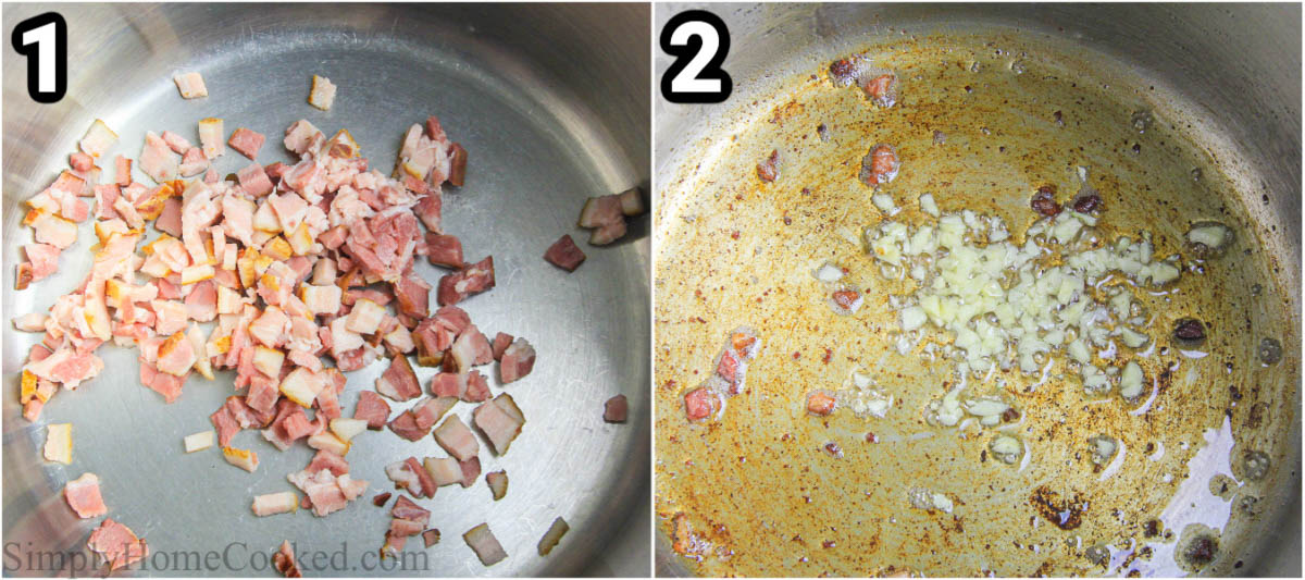 Steps to make Potato Leek Soup: cook the bacon pieces in a pot, then cook the garlic in the bacon fat.