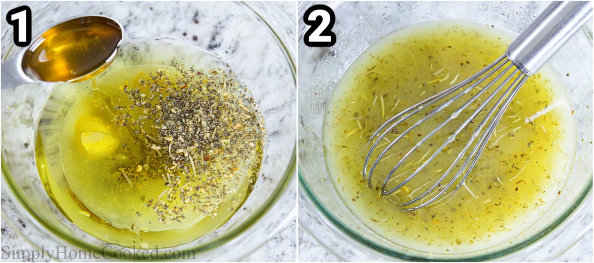 Make the dressing by mixing together the vinegar, oil, and seasonings, then adding the honey and whisking. 