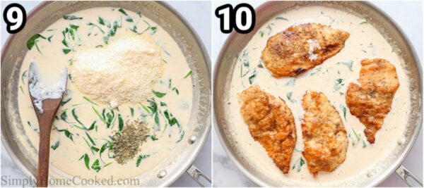 Steps to make Chicken Florentine: add Parmesan cheese and Italian seasonings to the cream sauce, then add the chicken back in.