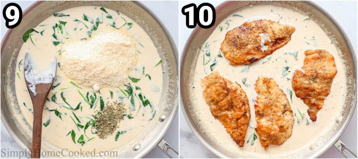 Steps to make Chicken Florentine: add Parmesan cheese and Italian seasonings to the cream sauce, then add the chicken back in.