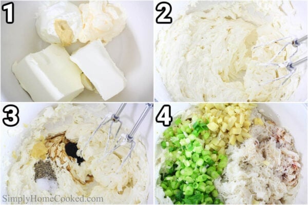 Steps to make Crab Artichoke Dip: combine the sour ream, mayonnaise and cream cheese with an electric hand mixer, then add the salt, pepper, and garlic, and finally the crab meat, artichokes, and green onion.
