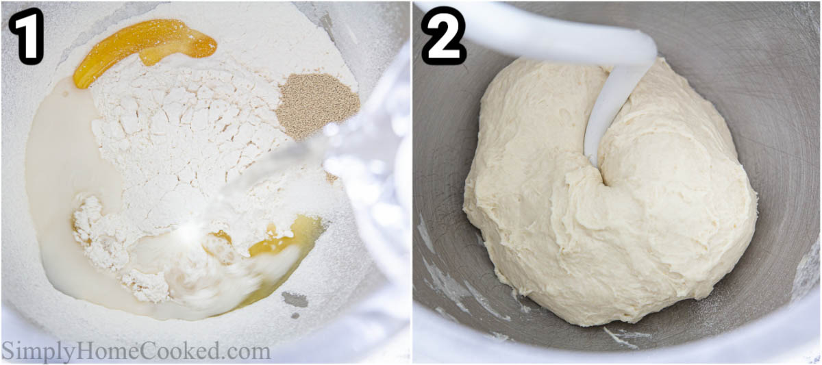 Steps to make Homemade Pizza Dough: Combine the yeast, water, flour, olive oil, honey, and salt and then mix with a hook attachment on a stand mixer.