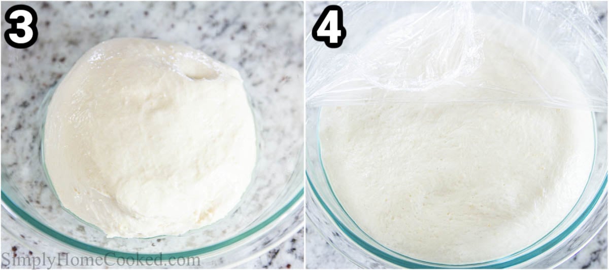 Steps to make Homemade Pizza Dough: cover the dough in a bowl with plastic wrap to let it rise to twice its size.