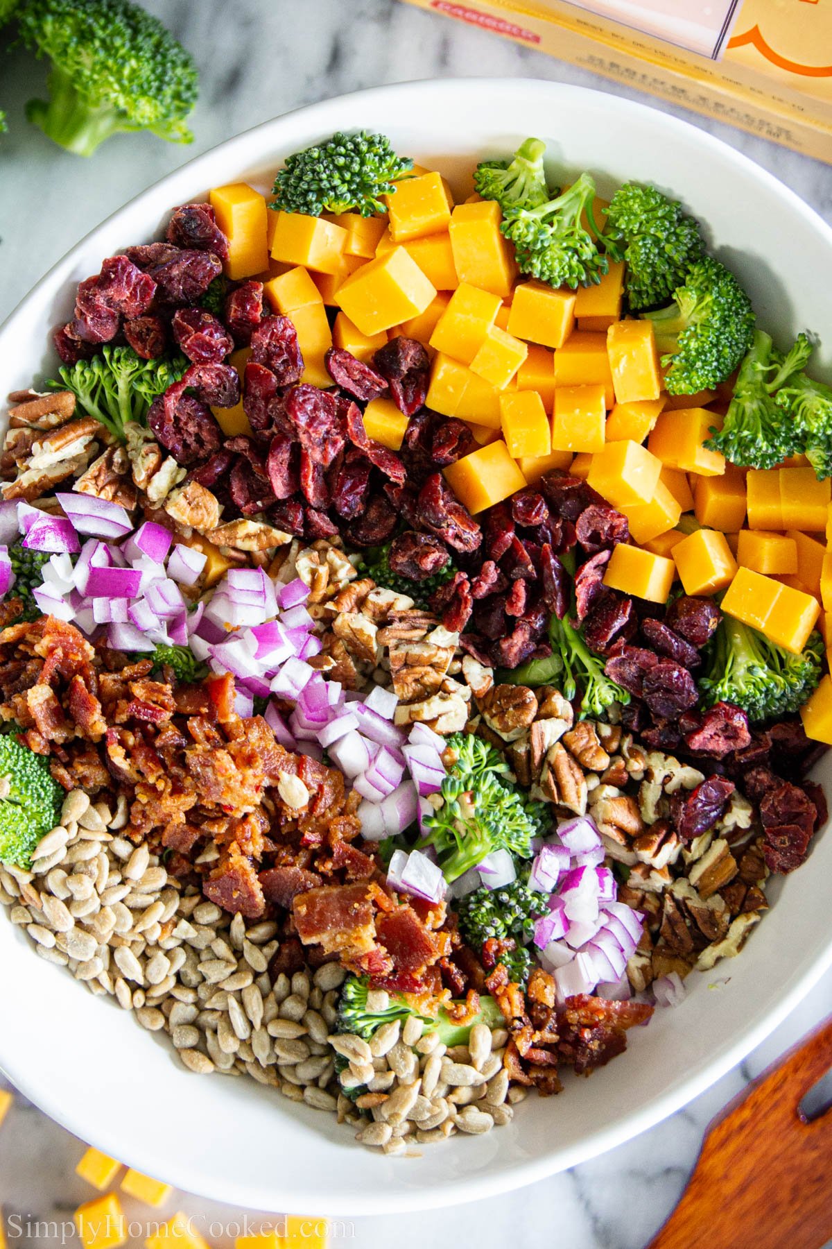 This broccoli salad is loaded with crispy bacon, crunchy toasted pecans, creamy cubed cheddar, and tossed in the most amazing homemade dressing. This salad is simple, quick, and super easy to make! #broccolisalad #summersalad #broccolicheddar #easysalad #broccolirecipe Broccoli Salad with Bacon and Cheese assembled in rows in a white bowl.