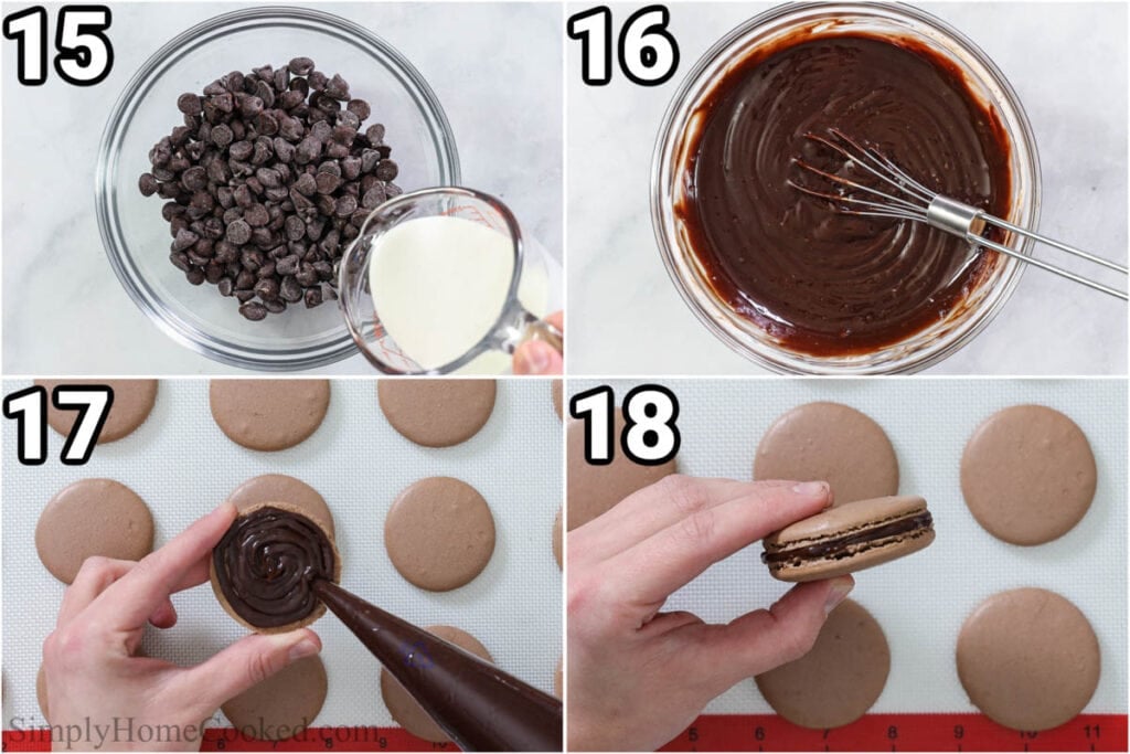 steps for ganache filling with cream and chocolate chips melting in a glass bowl.
