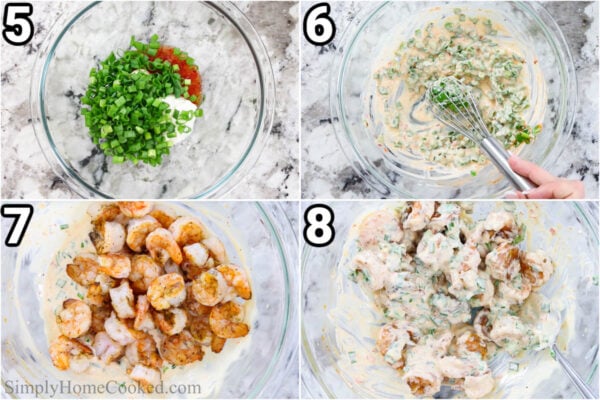 Steps to make Grilled Bang Bang Shrimp: combine the mayo, yogurt, green onions, sriracha, and sweet chili sauce with a whisk, then toss it with the grilled shrimp.