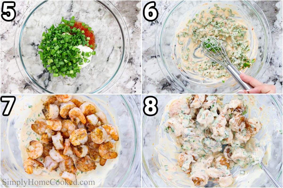 Steps to make Grilled Bang Bang Shrimp: combine the mayo, yogurt, green onions, sriracha, and sweet chili sauce with a whisk, then toss it with the grilled shrimp.