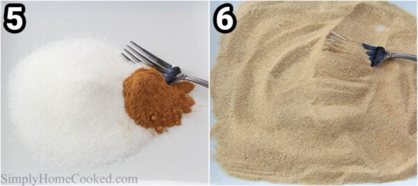 Steps to make Peach French Toast: combine sugar and cinnamon with a fork.