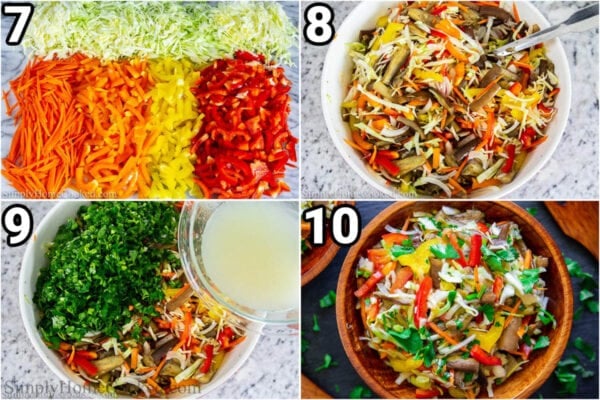 Steps to make Roasted Eggplant Salad: chop the vegetables, then add them to the bowl wit the roasted eggplant, chopped parsley, and dressing and toss.