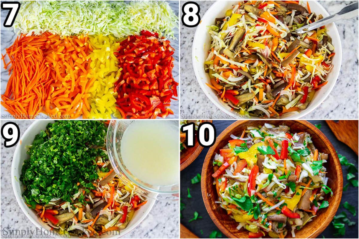Steps to make Roasted Eggplant Salad: chop the vegetables, then add them to the bowl wit the roasted eggplant, chopped parsley, and dressing and toss.