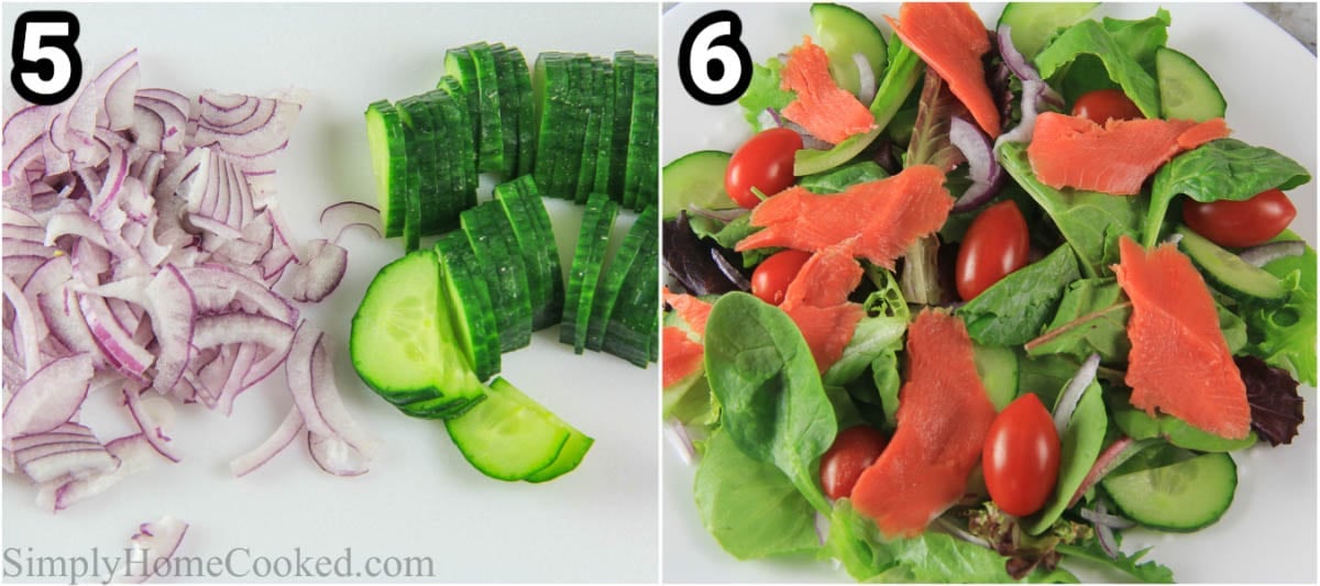 Steps to make Smoked Salmon Salad: cut the cucumber and onion, then assemble the salad with the mixed greens, cherry tomatoes, and smoked salmon.