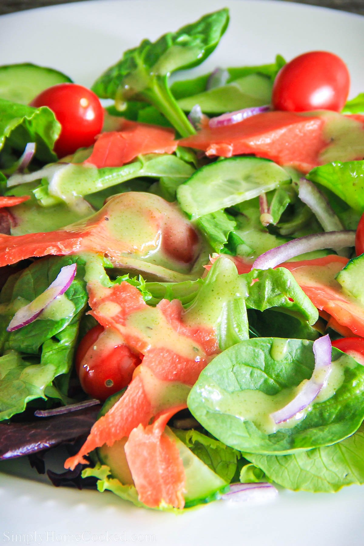 This smoked salmon salad is a bright and flavorful salad loaded with mixed baby greens, smoked lox salmon, and chopped vegetables. Its a delightful and filling salad perfect for summer time. #smokedsalmon #smokedsalmonsalad #salmonsalad #loxsalad Close up of Smoked Salmon Salad with mixed greens, onion, cucumber, tomatoes, and dressing.
