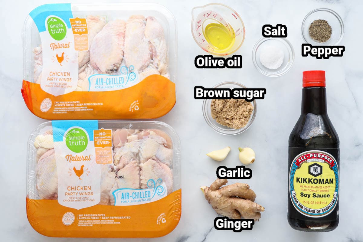 Ingredients for Teriyaki Chicken Wings: chicken wings, olive oil salt, black pepper, brown sugar, soy sauce, garlic cloves, and ginger.
