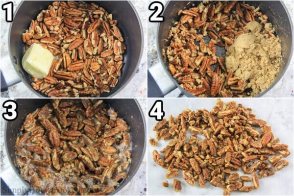 Steps to make Strawberry Feta Spinach Salad: roast the pecans, then add butter and brown sugar, and once caramelized, separate on parchment paper to cool.
