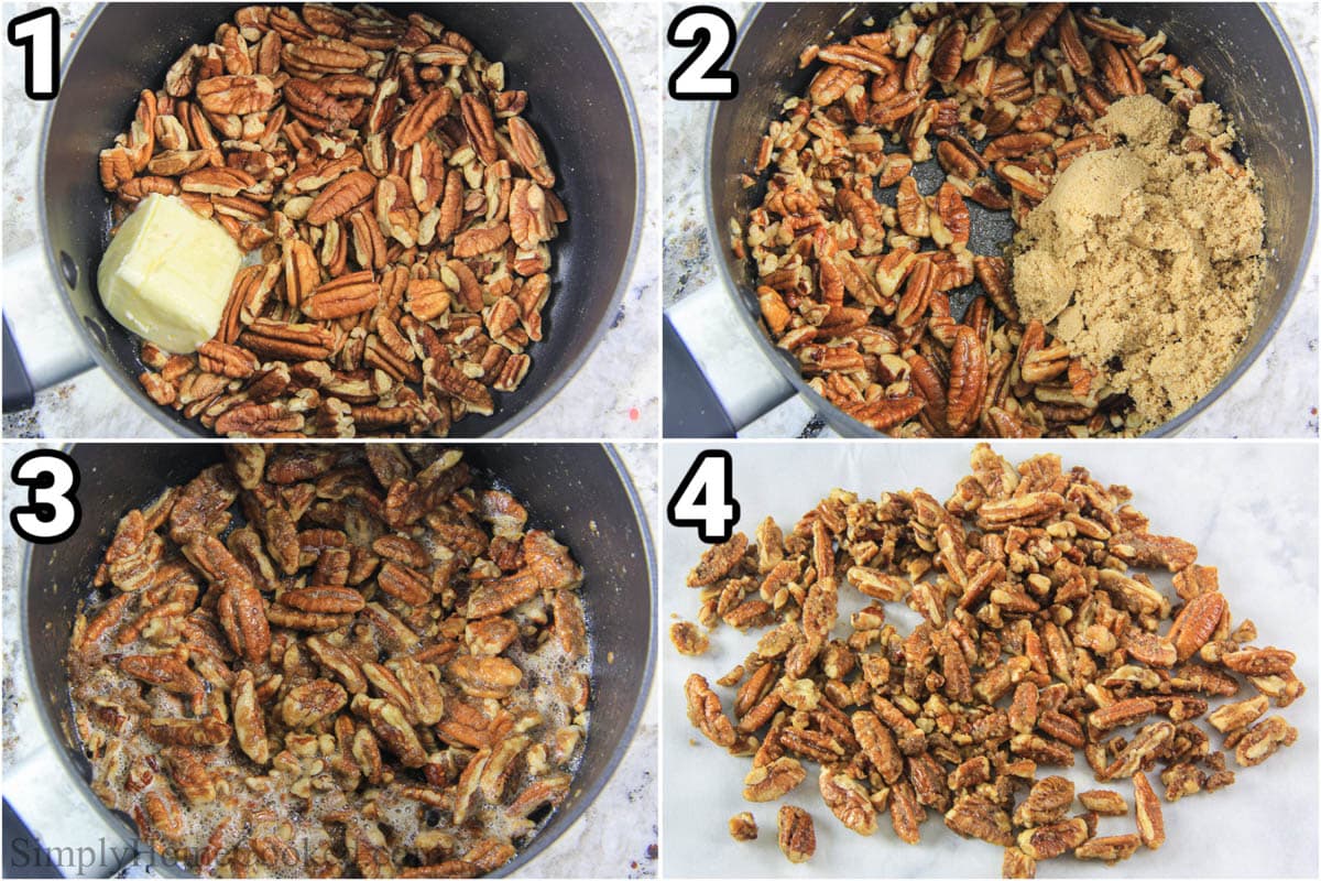 Steps to make Strawberry Feta Spinach Salad: roast the pecans, then add butter and brown sugar, and once caramelized, separate on parchment paper to cool.