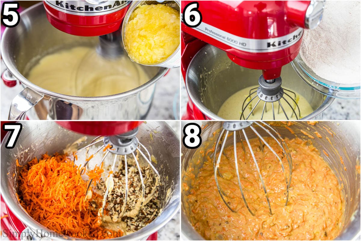 Steps to make Easy Carrot Cake: add the pineapple to the batter, then the dry ingredients, and the carrots and pecans, mixing thoroughly.