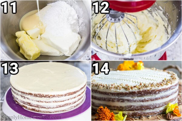 Steps to make Easy Carrot Cake: make the cream cheese frosting by combining the cream cheese, butter, and condensed milk with powdered sugar in the stand mixer, then frosting the cake layers and decorating with chopped pecans.