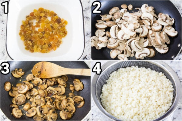 Steps to make Couscous Arugula Salad: soak the raisins in water, saute the mushrooms in a skillet, then cook the couscous.