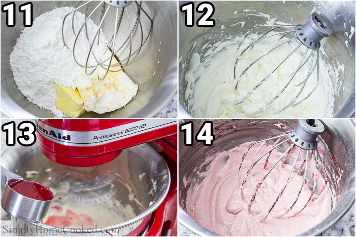 Steps to make Lemon Raspberry Cupcakes: mix the butter, powdered sugar, vanilla, and crem cheese in a stand mixer, then add the raspberry mixture and combine.