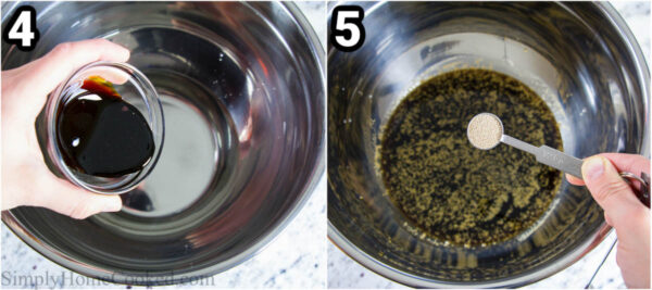 Steps to make Multi-Seed Bread: add water and molasses and then the yeast until it froths.