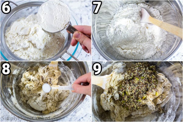 Steps to make Multi-Seed Bread: sift the flours into a bowl with salt and then add the wet ingredients and seeds, mixing well.