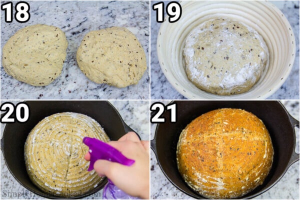 Steps to make Multi-Seed Bread: shape the dough, then spray it with water and bake it in a Dutch oven pot.