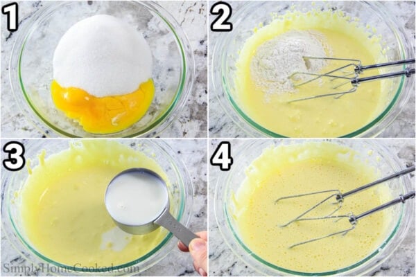 Steps to make Easy Napoleon Cake: whisk together the eggs and sugar, then mix in the flour and milk.