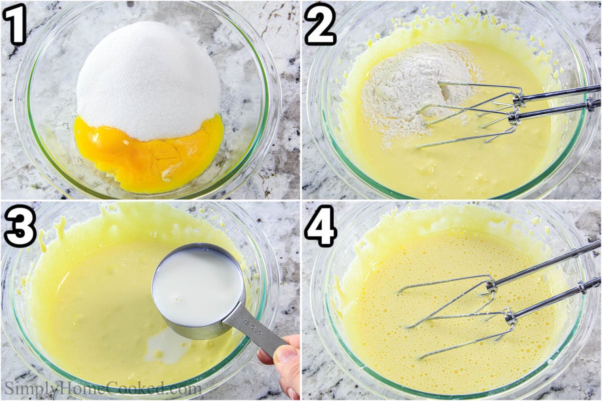Steps to make Easy Napoleon Cake: whisk together the eggs and sugar, then mix in the flour and milk.