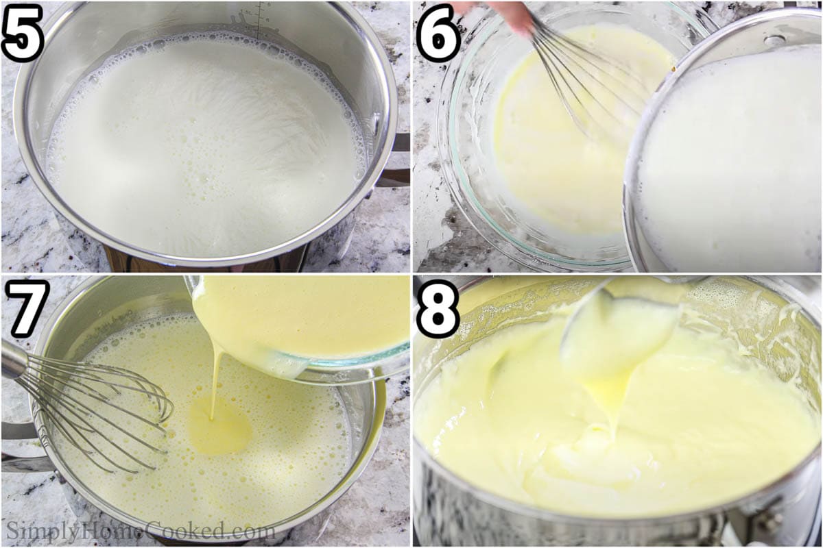 Steps to make Easy Napoleon Cake: whisk in the hot milk to the egg mixture and then let it thicken and cool.