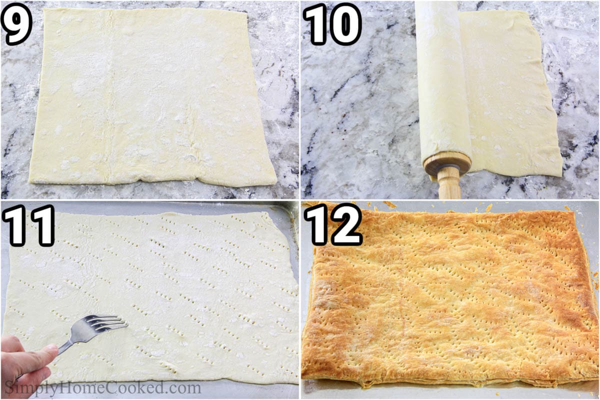 Steps to make Easy Napoleon Cake:  roll out the puff pastry sheets and then place them on a baking sheet, poke with holes, and then bake.