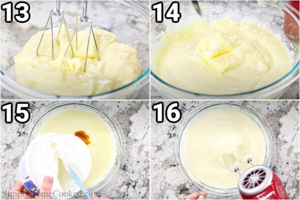 Steps to make Easy Napoleon Cake: add the butter to the custard and mix, then add the whipped cream and vanilla.